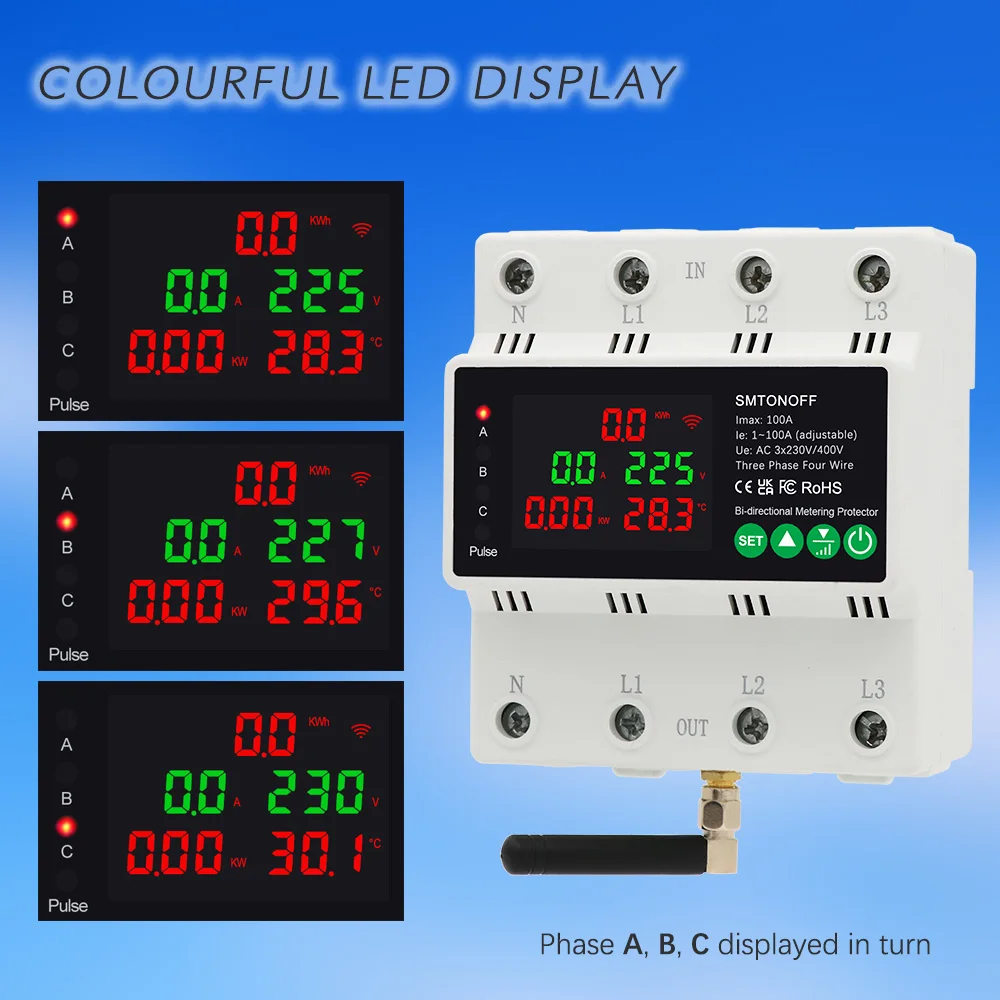 Tuya WiFi Three Phase 4P 100A Auto-Reclosing Over Under Voltage Protector Prepai
