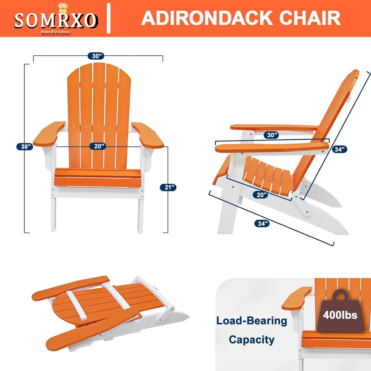 Foldable Adirondack Chair. Weather Resistant. Fire Pit Chair. Durable Plastic. White & Orange. For Patio, Garden.