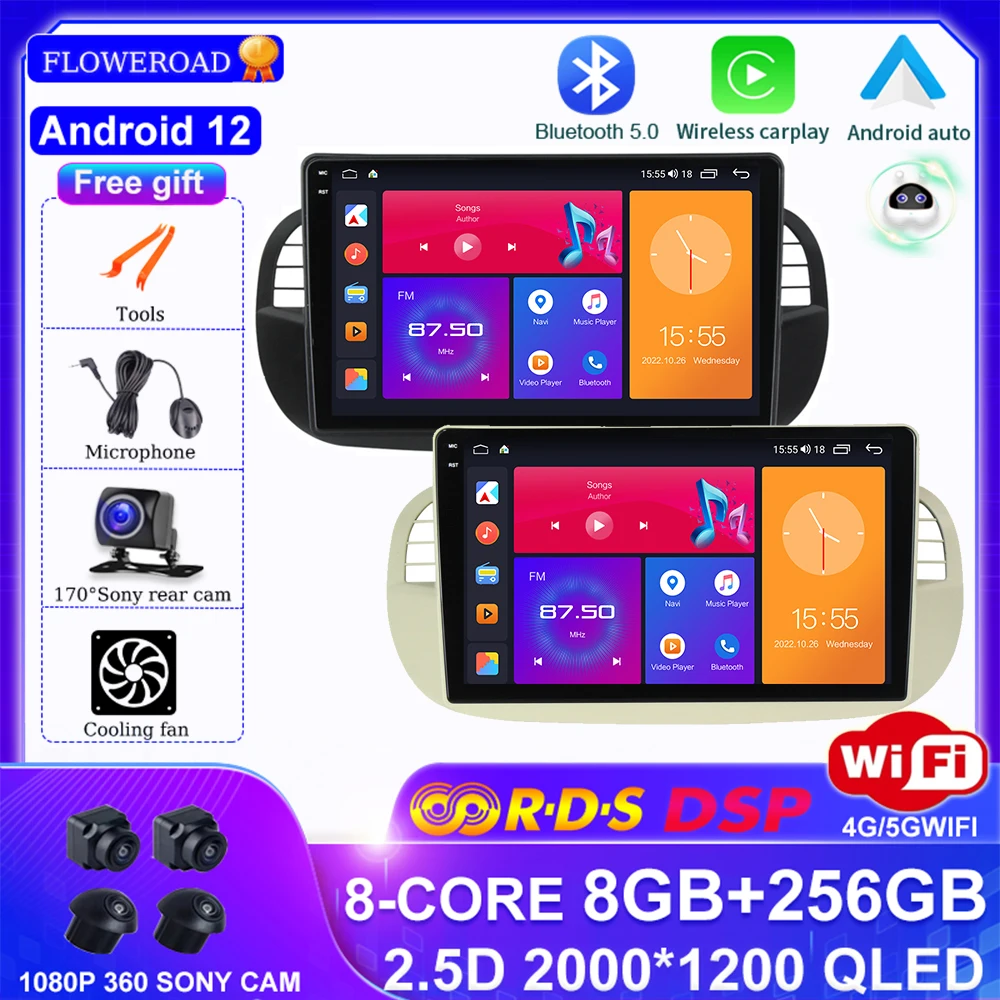 Android 13 Touch Screen Autoradio Lettore Video Multimediale Per Fiat 500 2007 2008 - 2015 8G + 256G Navigazione Gps 4G Lte Carplay Bt