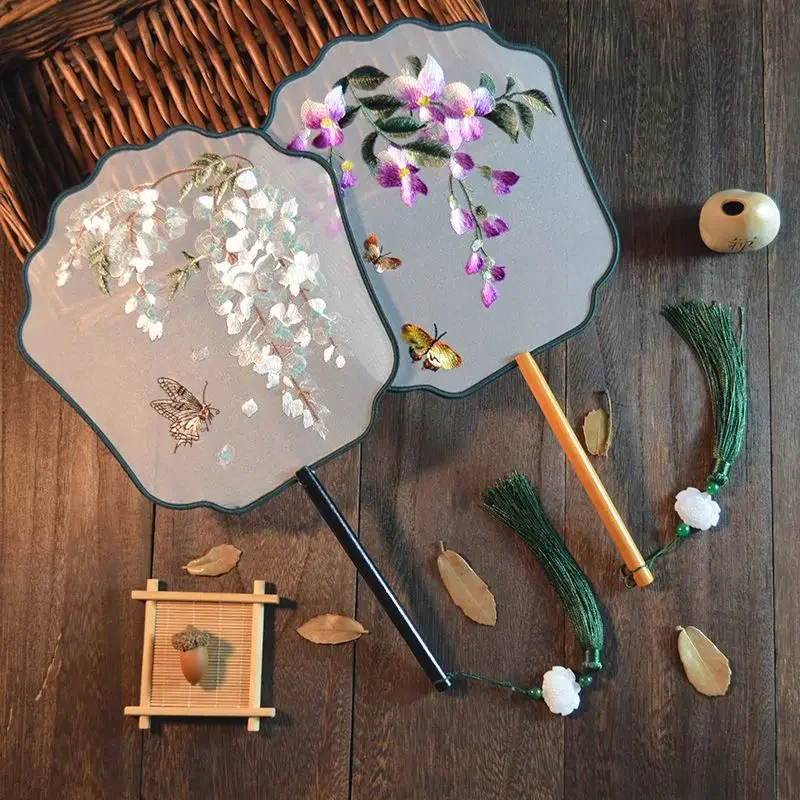 Double Sided Embroidery Dance Fan, Antique Style Round Shaped Tenghua Hanfu Special Suzhou Decoration, Embroidery Versatile, 1Pc