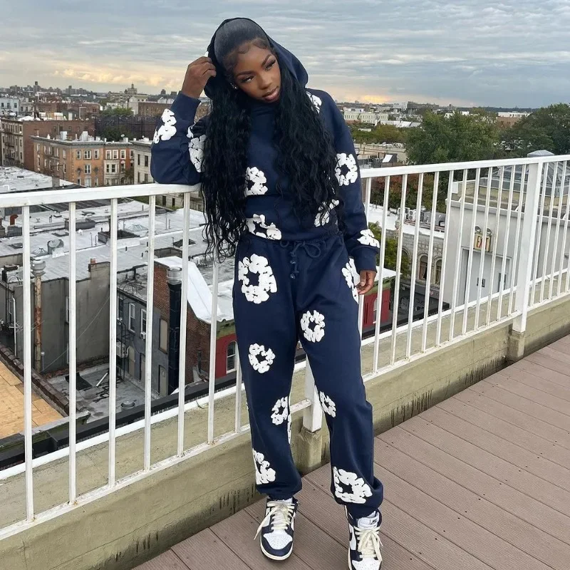 Women Kapok Print Loose Casual 2 Piece Set Autumn Winter Hooded Long Sleeve Hoodies High Waist Pants Sporty Jogger Streetwear