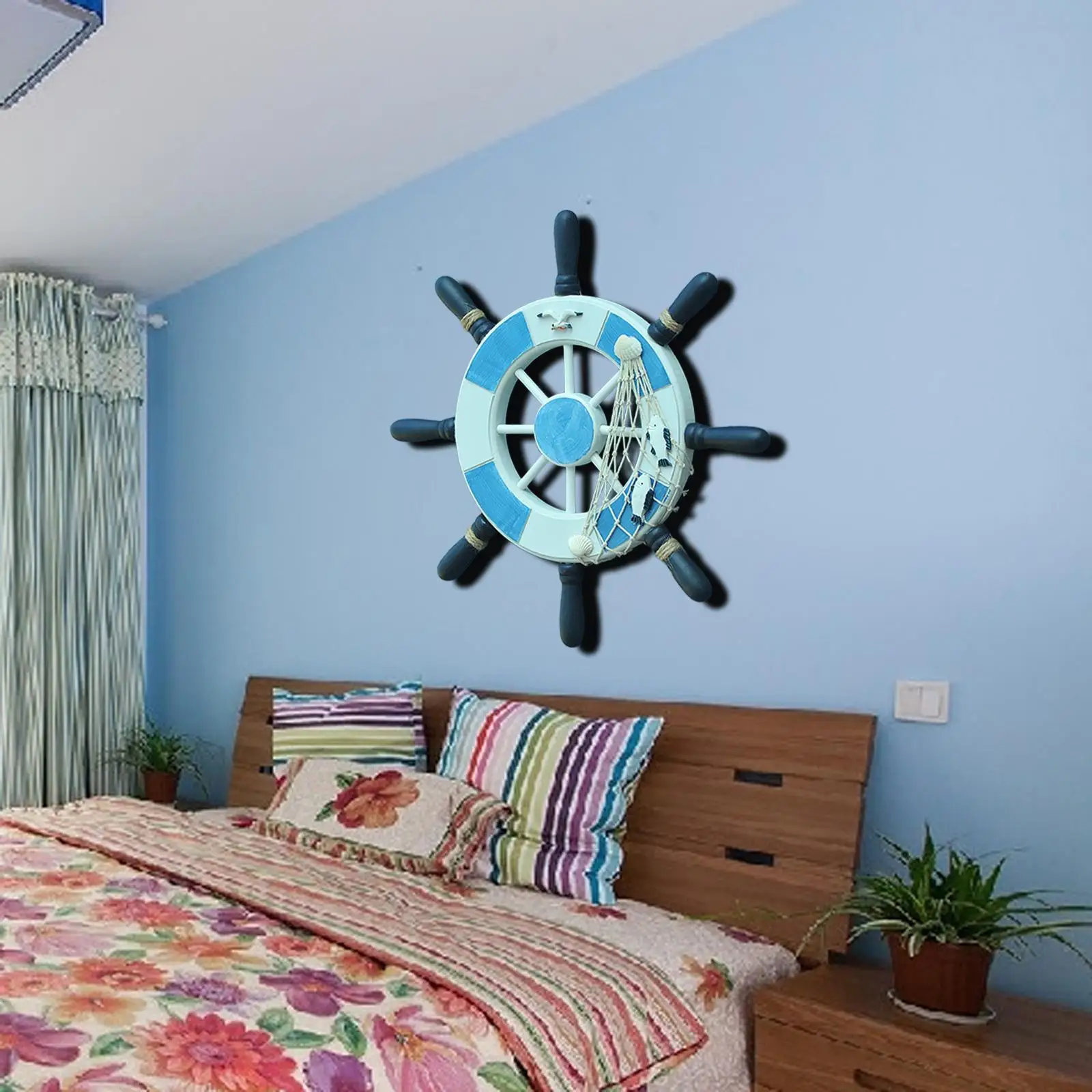 Nautical Wood Ship Wheel Wall Hanging Navy Decor Rustic Beach House Decoration for Home Office