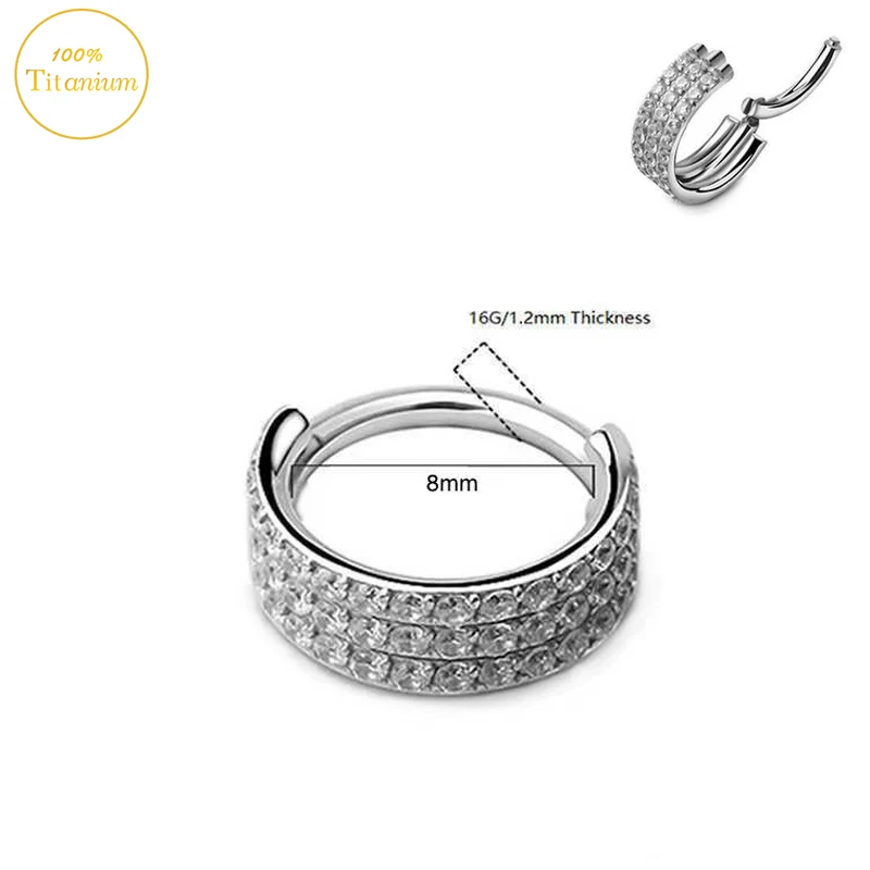 F136 Titanium Ear Piercing Earrings Three Rows Zircon High Segment Clickers Septum Nose Ring Cartilage Tragus Helix Body Jewelry