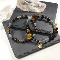 Lii Ji Natural Tiger Eye Labradorite Obsidian 6mm/8mm American 14K Gold Filled Elastic Bracelet