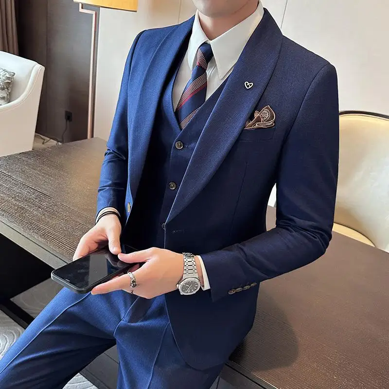 

High Quality Business Casual Double Breasted (suit + Vest + Trousers) Stylish and Handsome Cloth Thickened Suit Three-piece Set