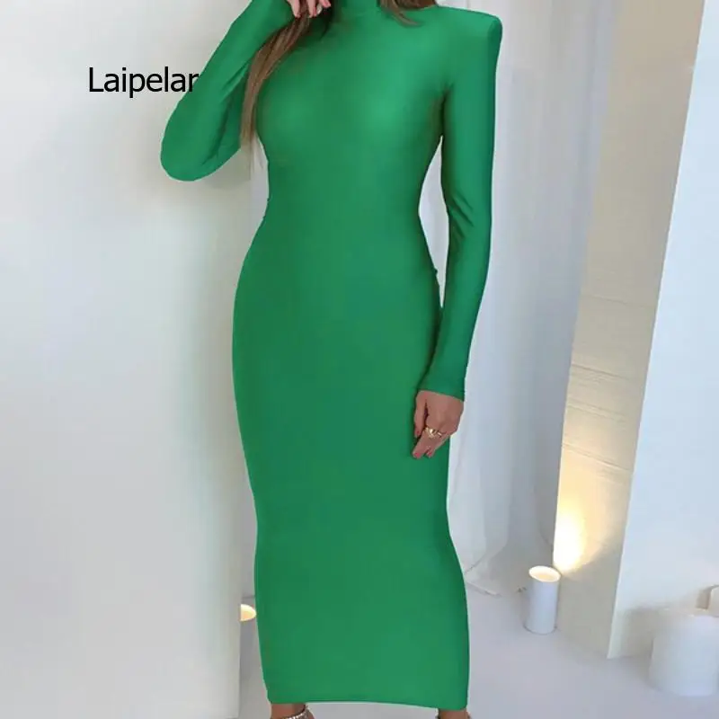 

Padded Long Sleeve Bodycon Green Party Club Maxi Long Dress 2022 Spring Autumn Women Fashion Elegant Clothes