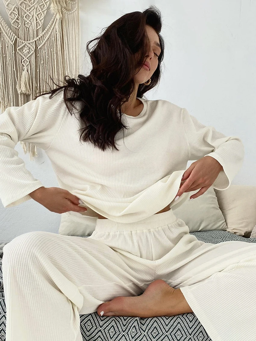 Marthaqiqi Autumn Fashion Women Pajamas Set Long Sleeve Nightwear O-Neck Sleepwear Pants Causal Female Nightgowns 2 Piece Suits