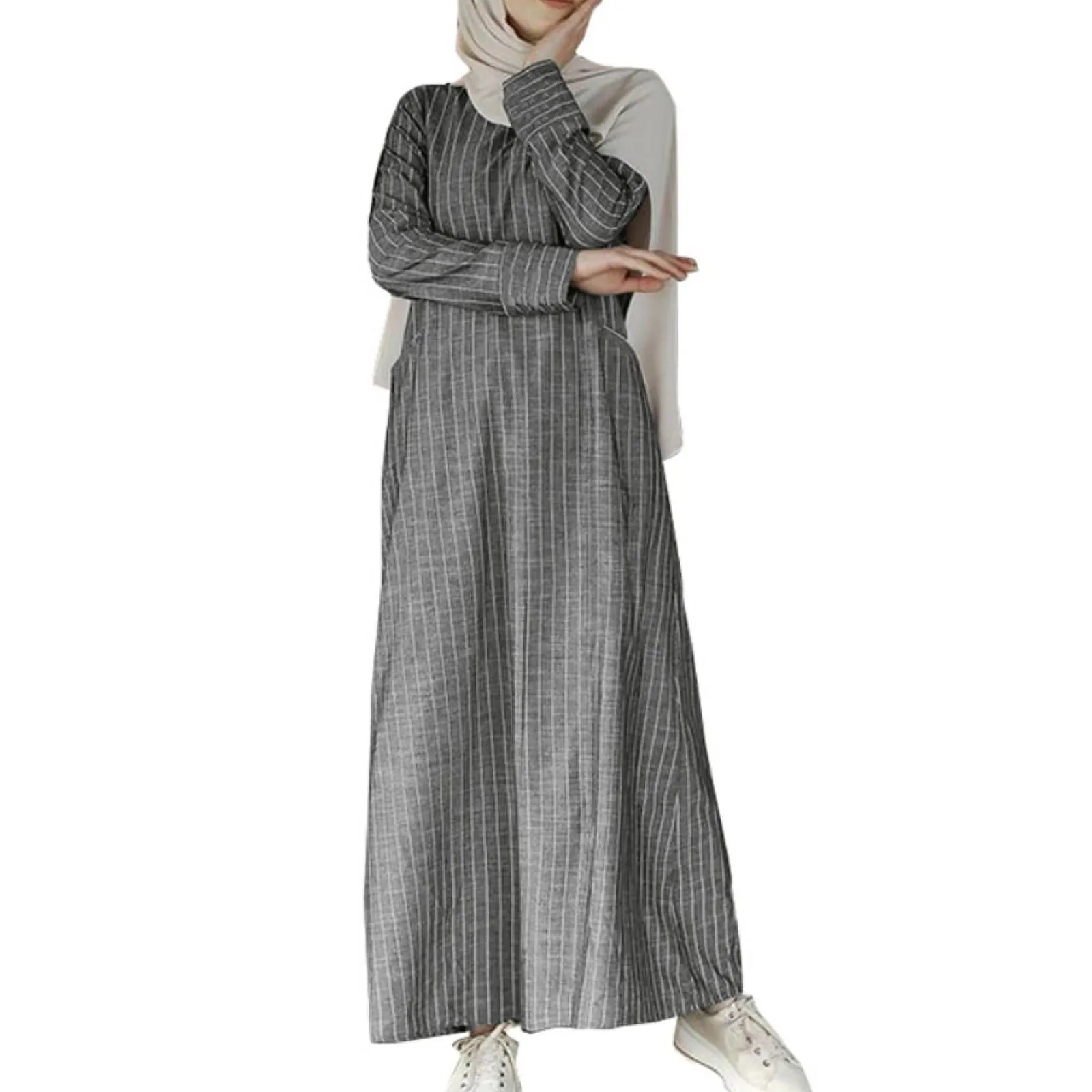 Women Long Sleeve Muslim Dress Casual Solid Round Neck Striped Abaya Loose Straight Cotton And Linen Kaftan Dress With Pockets