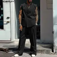 Men’s 2024 INCERUN American Style Solid Color Sleeveless Sets Casual Insert Pocket Two-piece Suits Street Fashion Oversize
