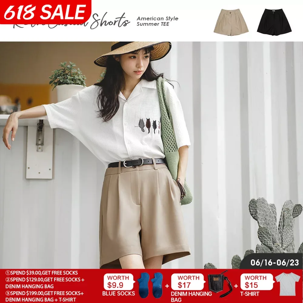 

Американские плиссированные капри Maden-Women's Retro, летние повседневные универсальные шорты, трапециевидная форма, средняя талия, тонкие широкие брюки