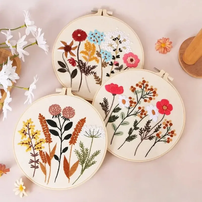 

DIY Embroidery Kits European Style Flowers Plants Pattern Frame Hoop Cross Stitch Punch Needle Embroidery Thread Sewing Kit