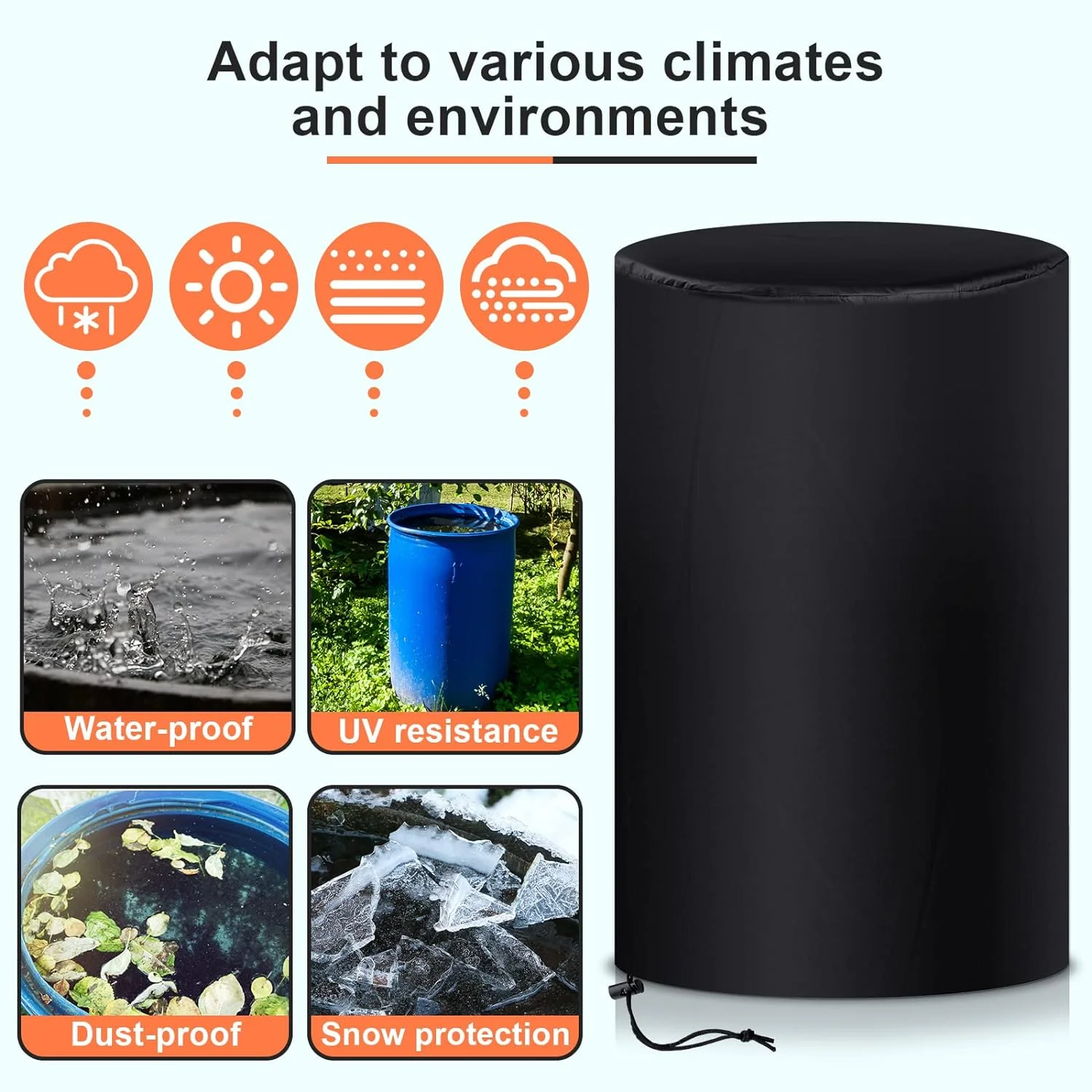 55 Gallon Drum Cover Water Storage Barrel Outdoor Waterproof Rain Snow Bucket Cover with Drawstring UV Protection Anti Dust water tank cover tote water tank cover