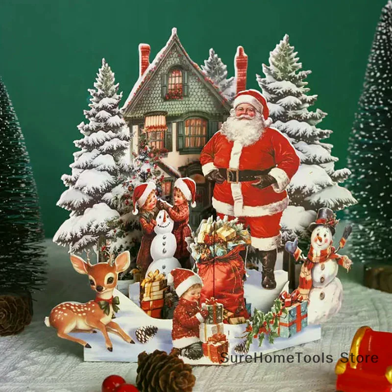 3D Christmas Card Night Before Christmas Scene With Santa, Reindeer, Snowy Village & Moonlit Sky Festive Holiday Greeting Card F