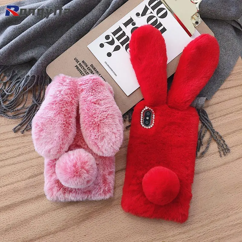 Custodia Peluche Coniglio Per Oppo Realme C30 – Morbida Con Orecchie E Strass – Rosa