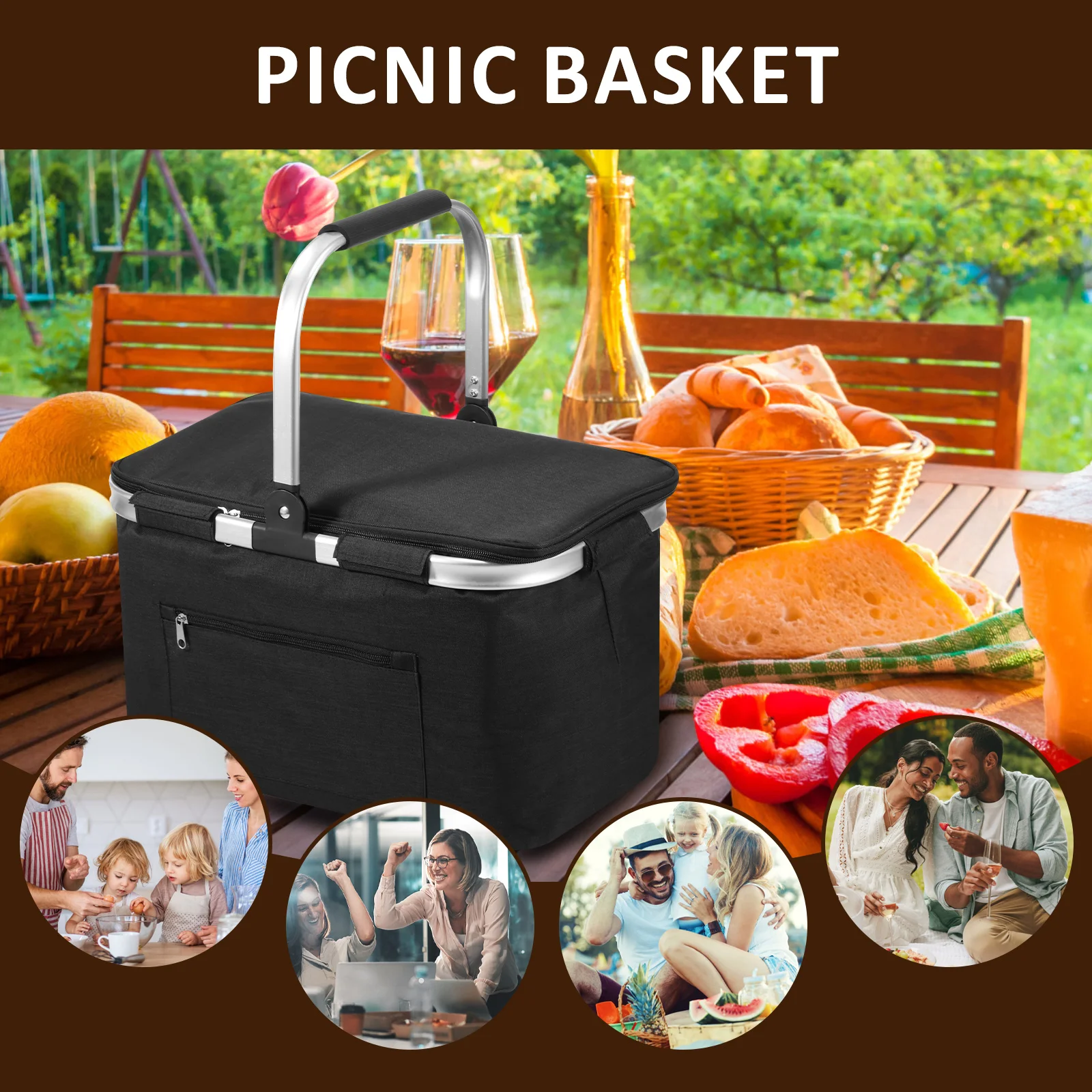 Picnic Basket Portable Folding Insulated Bag with Padded Handle and Lid Handheld Waterproof Shopping Basket for Travel Picnic