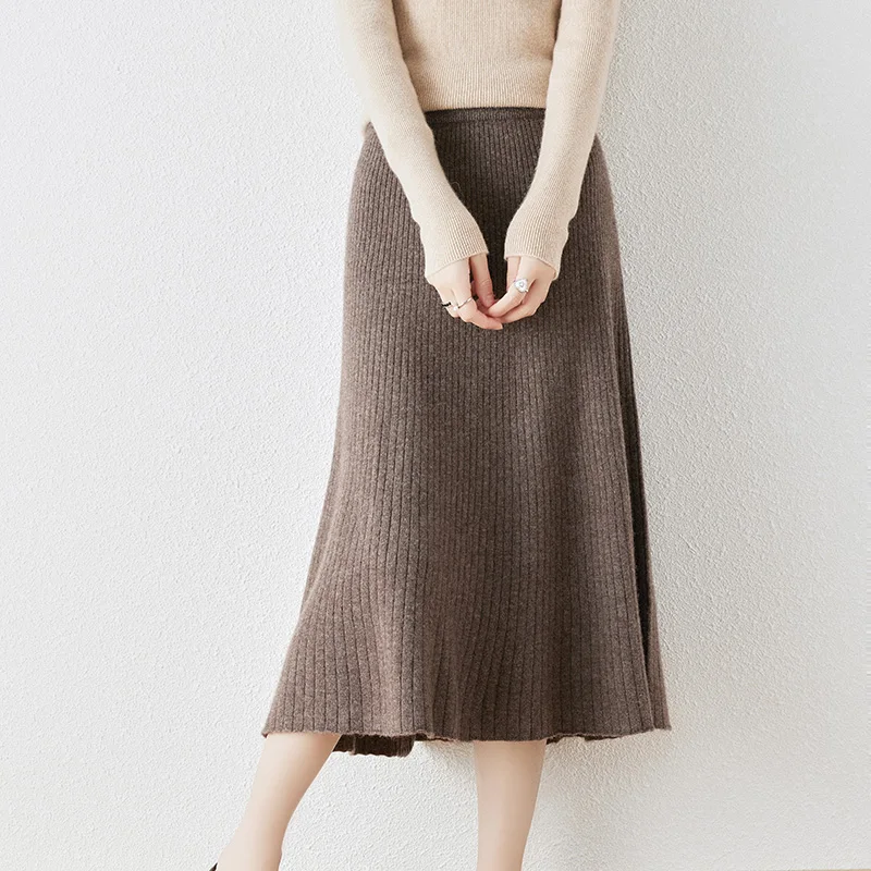 Autumn New 100% Pure Wool Skirt Female Solid Color Loose Joker A-Line Skirt Knitted Cashmere Bag Hip Skirt Female