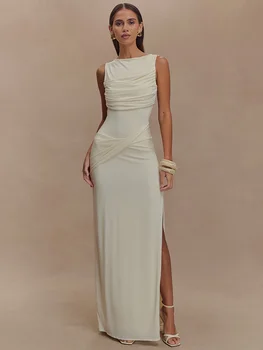 Mozision Backless increspato maxi vestito dal carro armato sexy abito da donna estate nuovo O collo coscia alta spacco aderente elegante abito lungo moda 1