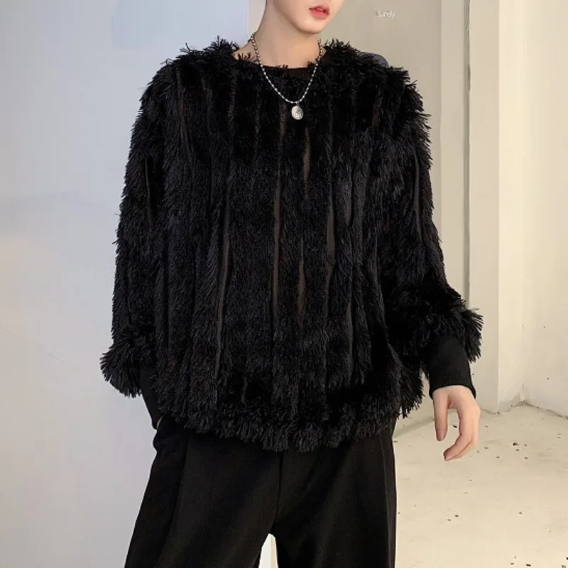 High End Men's Tassel Plush Hoodies Round Neck Long Sleeve Versatile Sweatshirts Fashion Long Plush Loose Casual Men Clothing