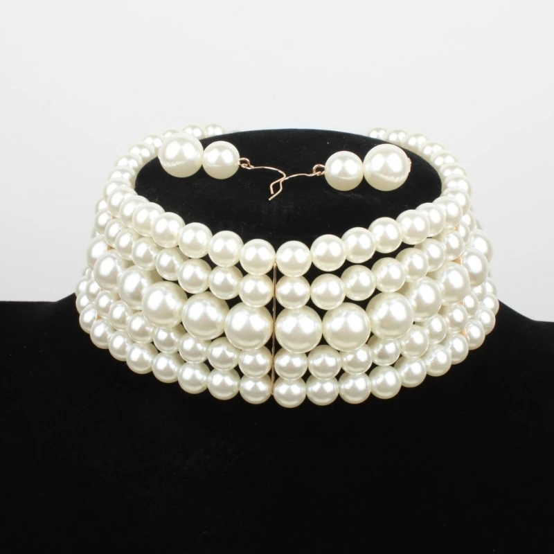 HAPPYAN Faux Pearl Necklace & Clip Earrings Set - Bib Choker Collar Double Necklace For Women - View #3