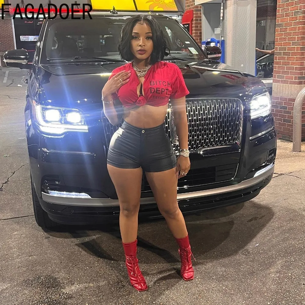 FAGADOER Summer New Solid Color PU Leather Shorts Women High Waisted Button Skinny Shorts Casual Female Matching Bottoms 2024
