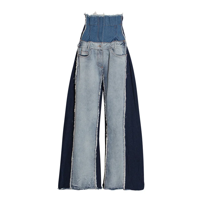 

2024 Color Blocking Jeans High Waisted Loose Fitting Versatile And Slimming Mop Women's Jeans Pants Fashion Quilting Jeans