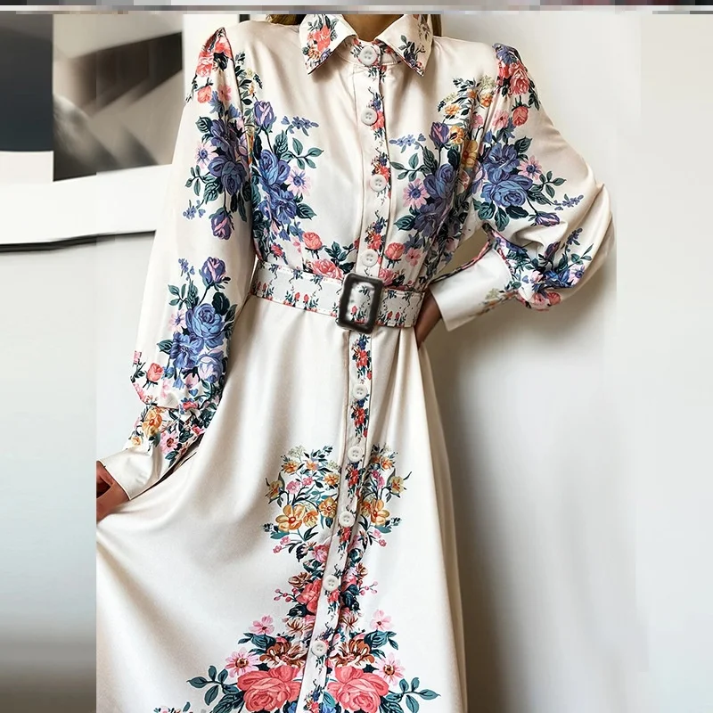 

Belt Exudes Slimming Aura Printed Long Sleeves Medium Length Hepburn Style Dress That Is Light And Comfortable With A Slim