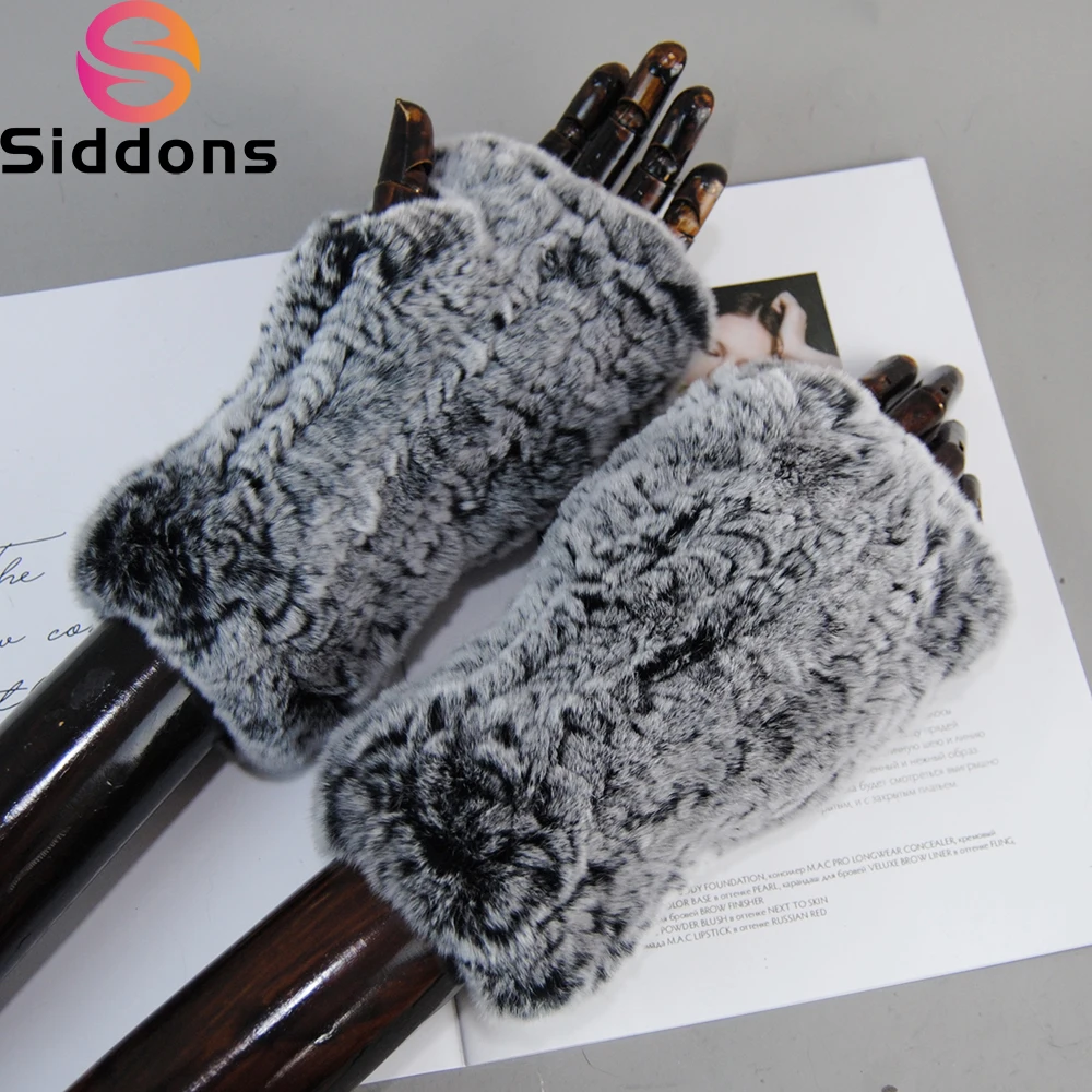 New Lady Real Fur Fingerless Gloves Handmade Knit Fur Mitten Winter Warm Women 100% Real Genuine Knitted Rex Rabbit Mittens