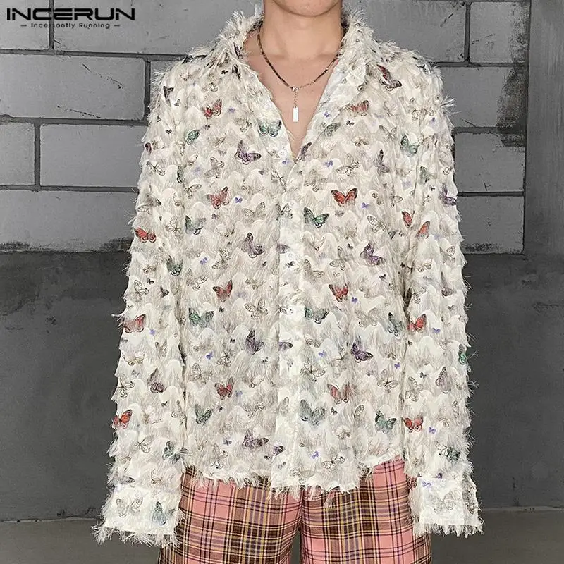 

INCERUN Tops 2024 Korean Style New Men Fashionable Printing Tassels Design Shirts Handsome Male Long Sleeved Lapel Blouse S-5XL