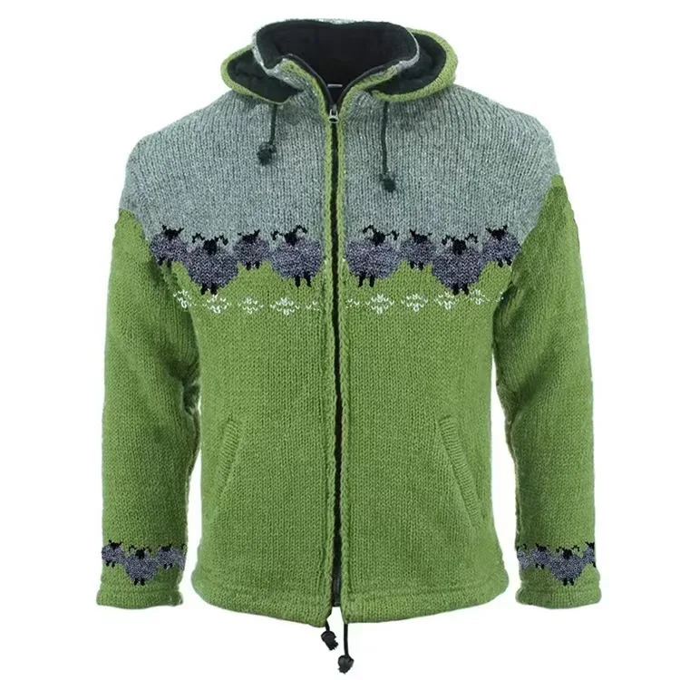 

Men's Autumn/Winter Jacquard Knitted Sweater - Zipper Design with Long Sleeves and Hooded