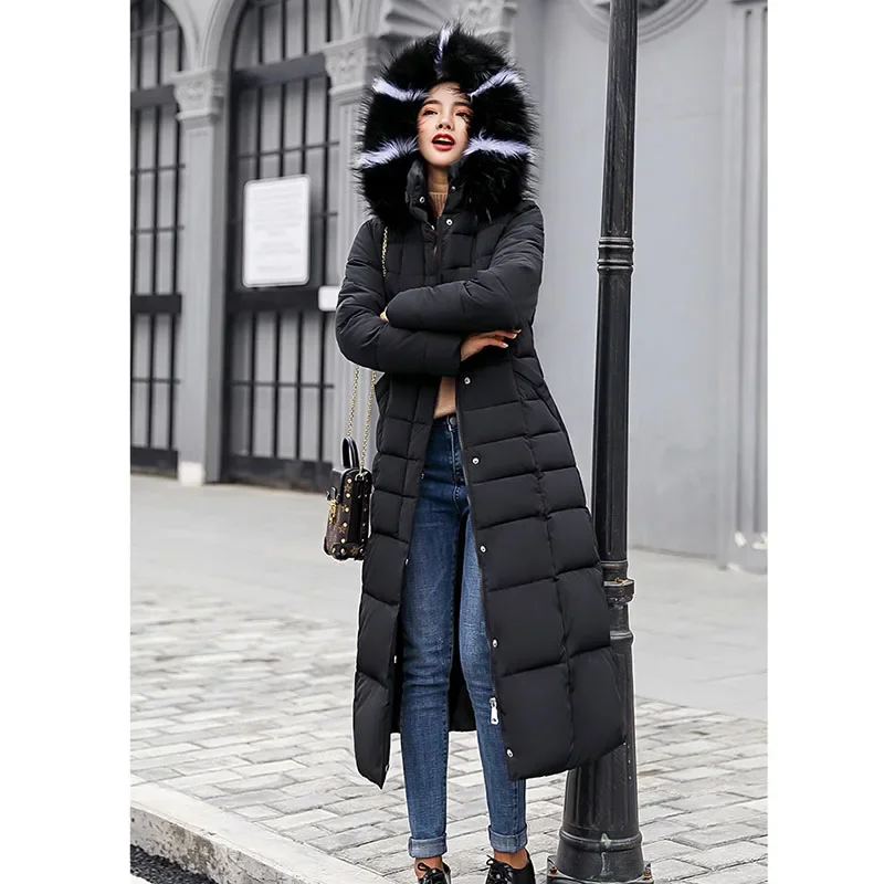 Long Down Cotton Parkas Coat Female New Winter Over Knee Loose Large Fur Collar Hooded Warm Thick Parkas Women  Padded Overcoat 4