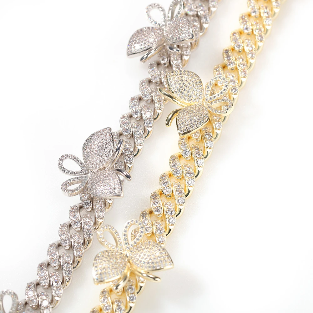 Uwin 12mm Rotate Butterfly Cuban Chain Two Tone Miami Link Iced Out Pave Setting Bling Necklace Women Accessories Jewelry