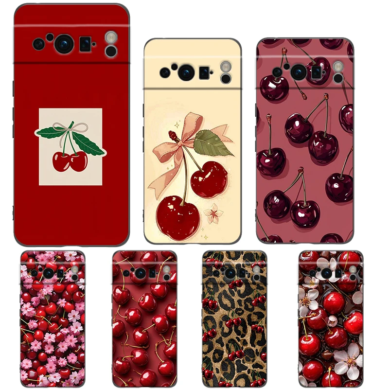 Elegant Red Cherry Shockproof TPU Phone Case - Soft Black Protective Cover