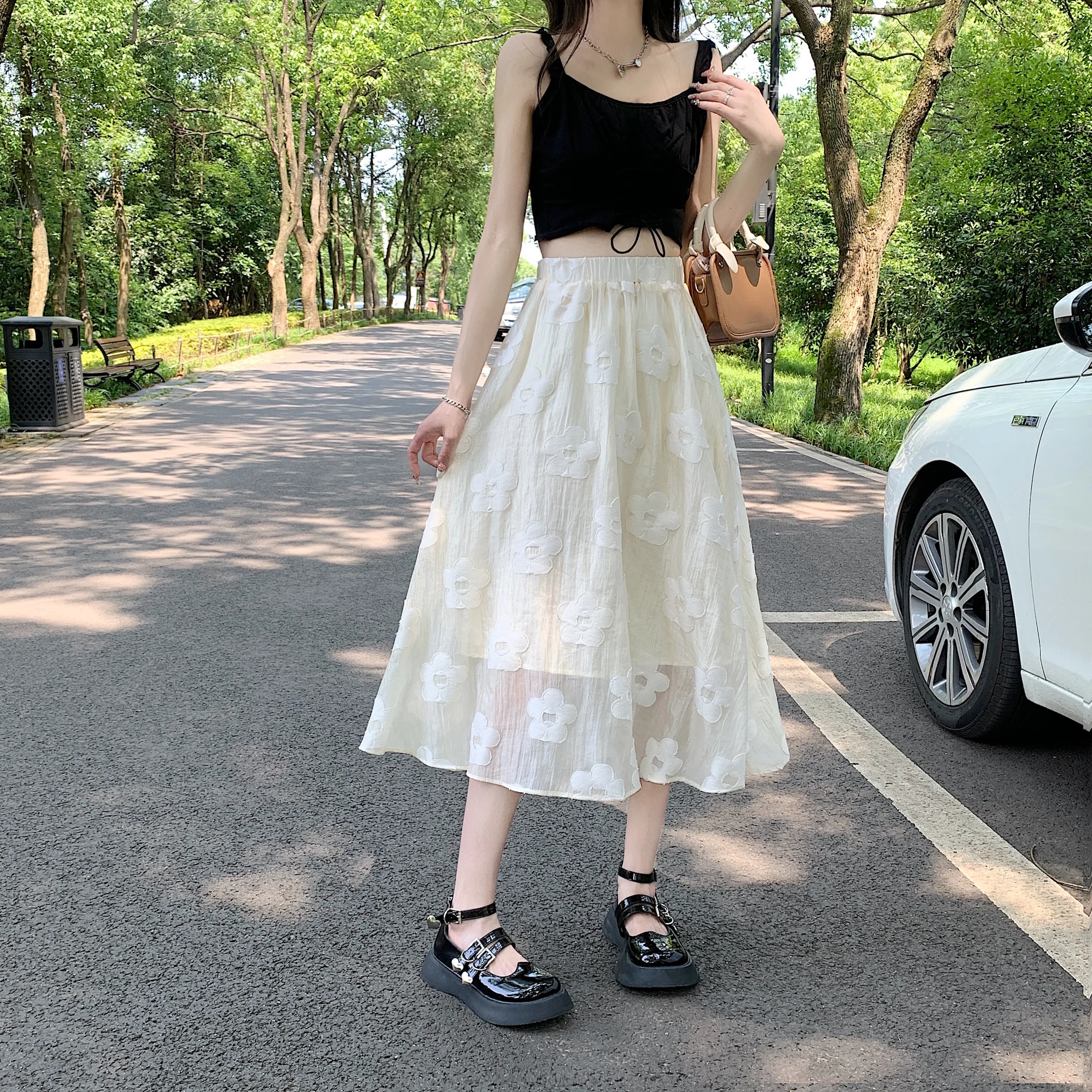 

2023 New Arrival Summer Women Loose Casual Floral A-line Mid-calf Skirt Sweet Cute Elastic Waist Jacquard Fabric Skirts V341