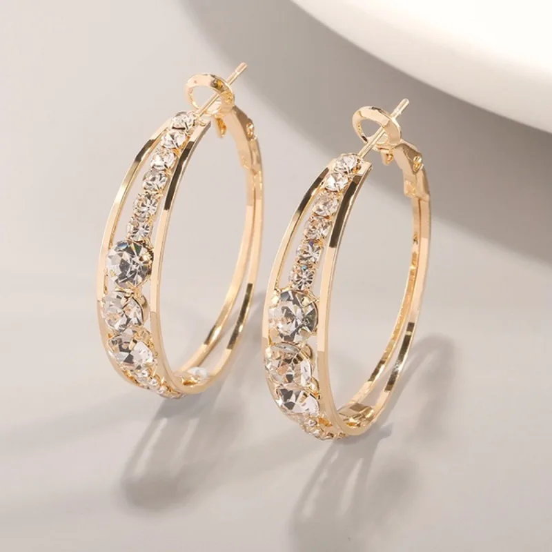 

Exquisite Shiny Rhinestone Circle Hoop Earrings for Women Temperament Personality Gold Color Exaggerated Earring Fashion Jewelry