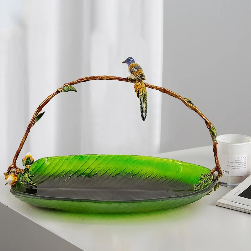 

European luxury enamel color fruit basket American household glass fruit snack tray glazed banana leaf decoration tray