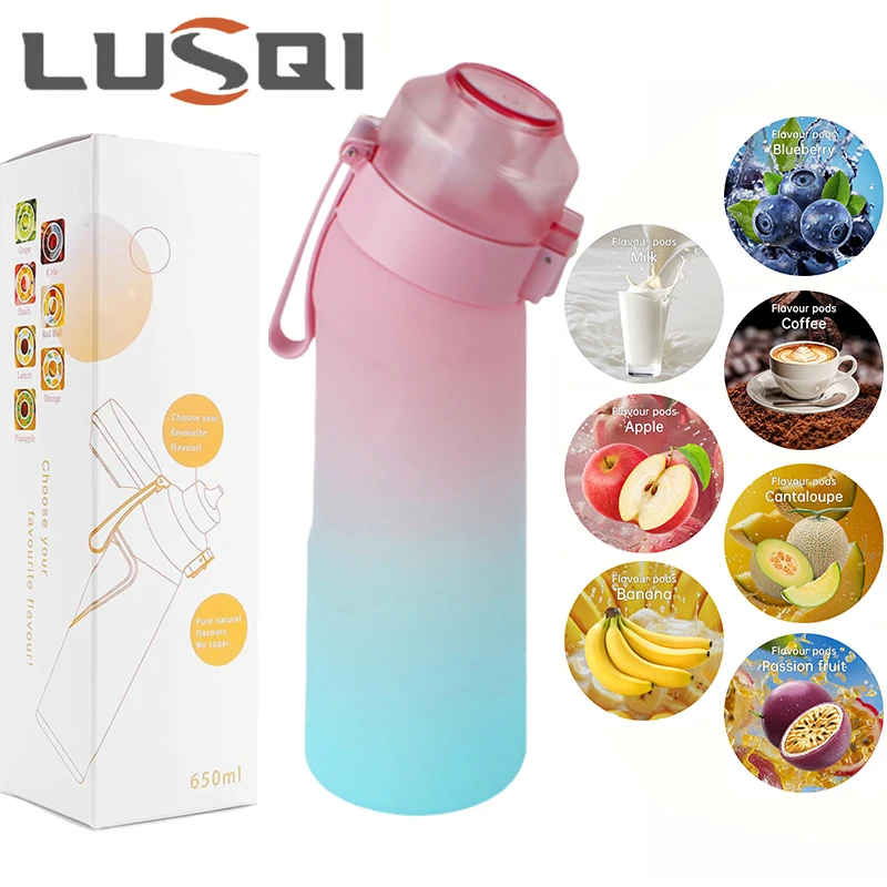 LUSQI 650ml Sports Water Bottle With 7pcs Flavor Pods Straw Cup Tritan For Outdoor Sports Fitness BPA Free