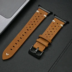 Luxury Genuine Leather Breathable Watch Strap with Curved End Bracelet for Galaxy Watch Ultra (Black brown-1)