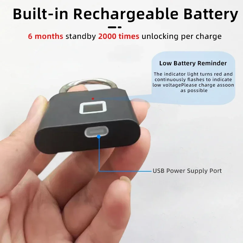 Smart Waterproof Fingerprint Padlock with Rechargeable Battery