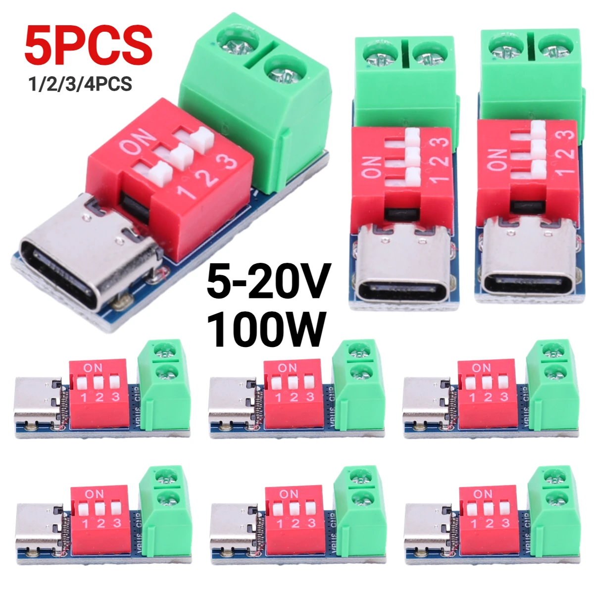 PD 고속 충전 테스트 보드, 5-20V 조정 가능 PD 트리거 보드 모듈, USB C 타입, 100W 전압 커넥터, 전원 공급 장치 액세서리