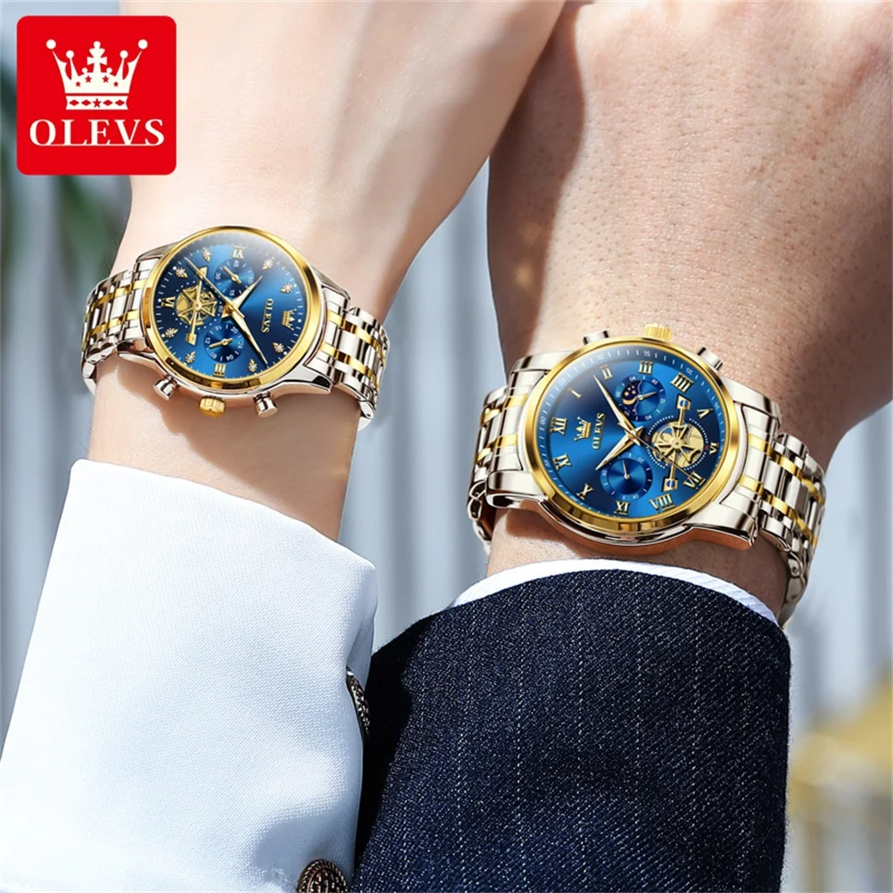 OLEVS-Marca de Luxo Masculina Quartz Watch Set, Relógio de Casal, Impermeável, Luminoso, Fase Lunar, Código Temporizador, Amante Data, Relógio, Seu ou Seu Relógio