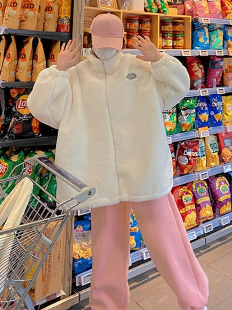 2023 Winter Fleece Fluffy Women's Jacket Streetwear Harajuku Solid Coat Korean Style Clothes Oversize Pink Designer Plush Jacket
