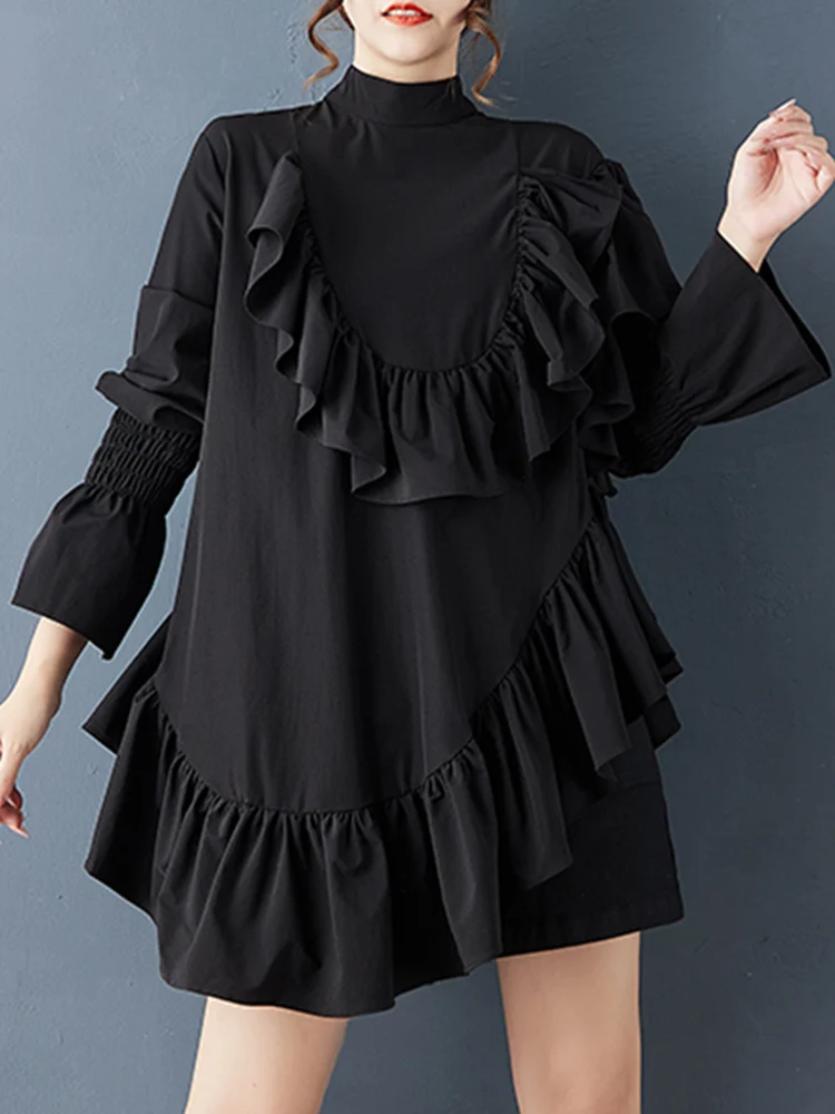 Women Ruffles Irregular Oversized Blouse New Stand Collar Long Sleeve Loose Casual Shirt Top Fashion Clothing Spring Autumn 2025