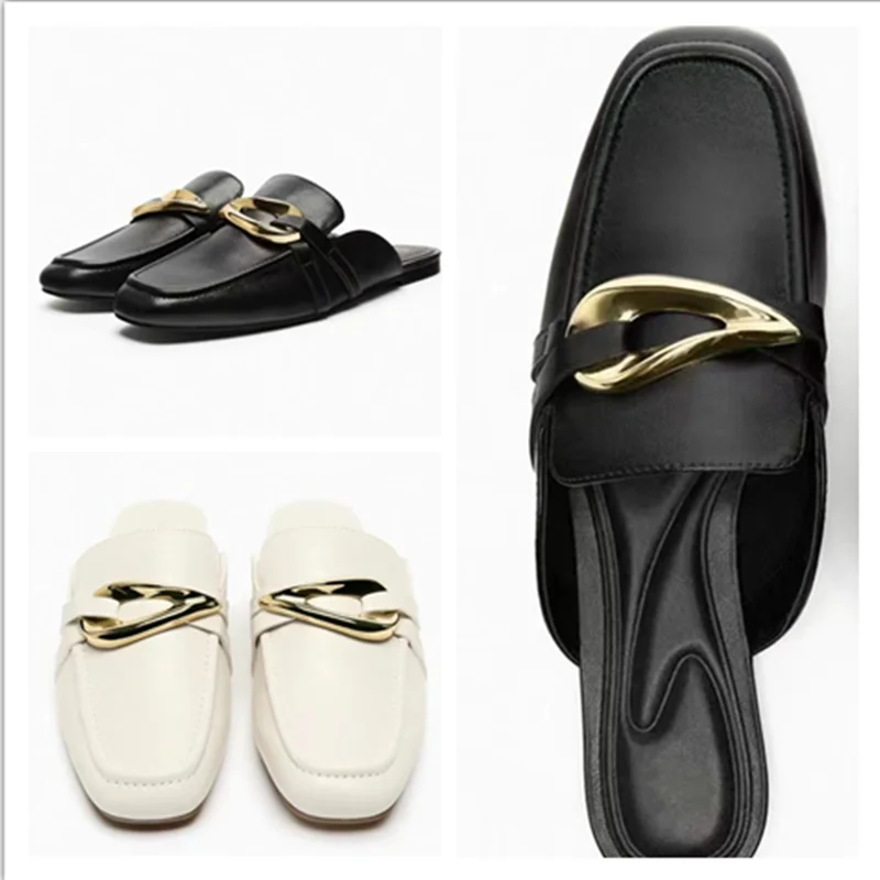 

QIWN New Baotou Black Shallow Mouth TRF Women's Shoes Metal Decoration Details Exposed Heel Outgoing Sandals White Slippers