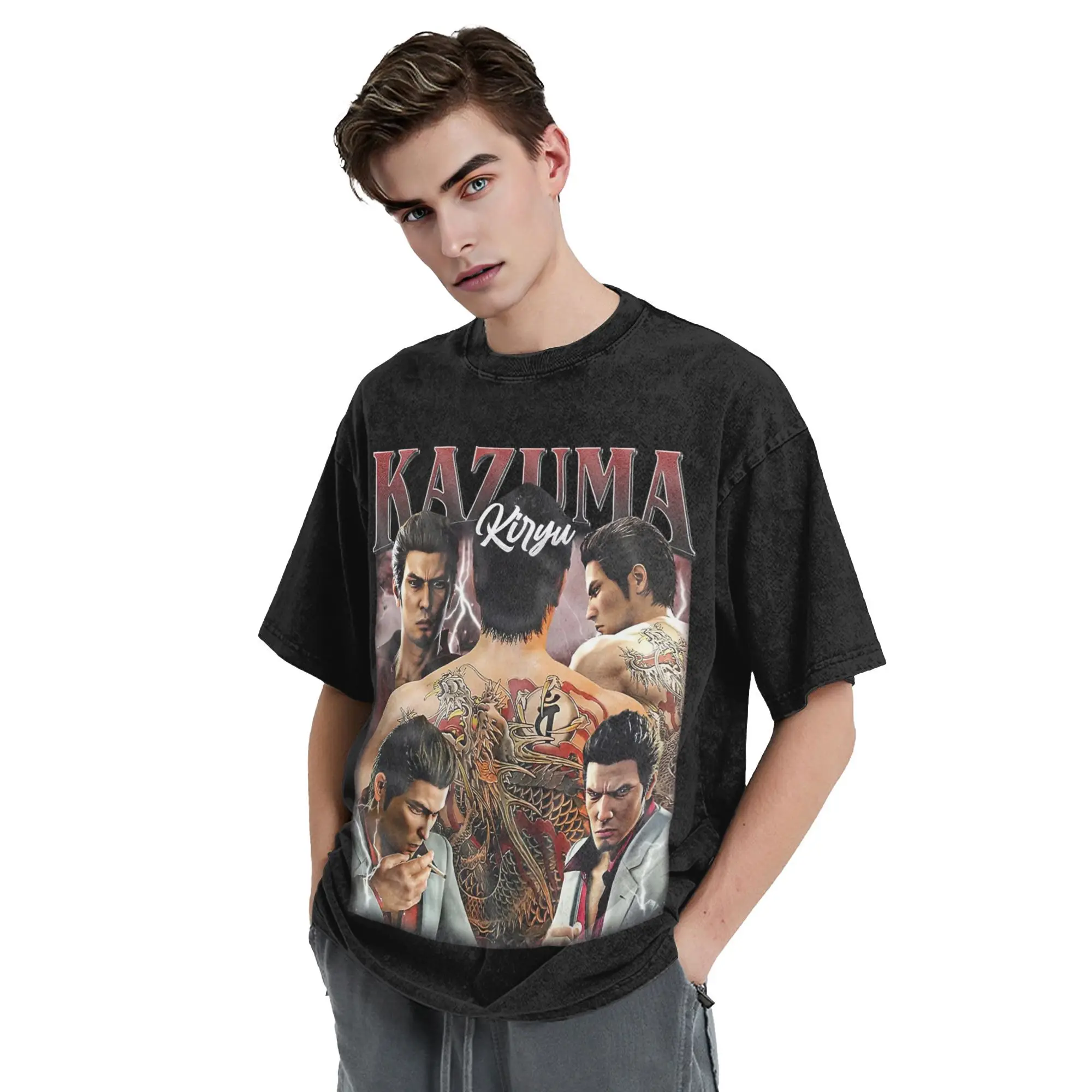 YAKUZA Kazuma Kiryu Vintage Bootleg Style Washed T Shirts Streetwear Hip Hop Vintage T-Shirts T-Shirts Männer Frauen 100 % Baumwolle Grafik – Detail 4