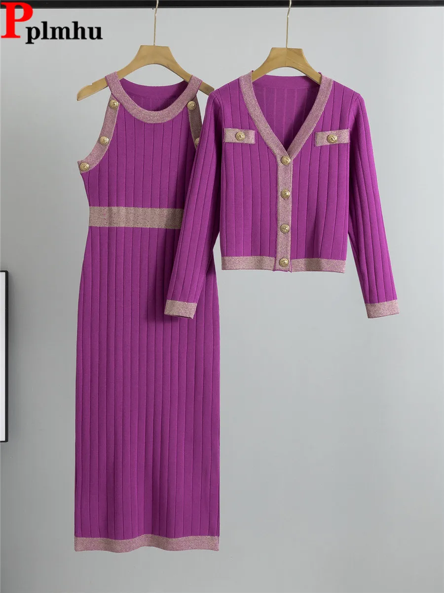 أنيقة سليم محبوك 2 قطعة مجموعات النساء س الرقبة أكمام تريكو فستان Conjuntos الكورية طويلة الأكمام قصيرة سترة القمم الزي