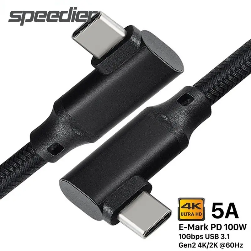 Usb 3 2 type c gen2 data braided cable 10gbps 100w charging elbow cord