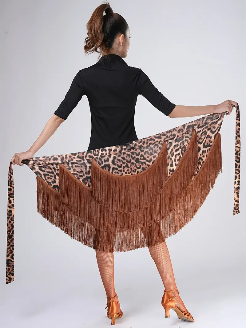 Fashion Leopard Print Hip Wrap Scarf Skirt Stretchy Asymmetrical Tassel Latin Tango Dance Ballroom Short Skirt, dance skirt