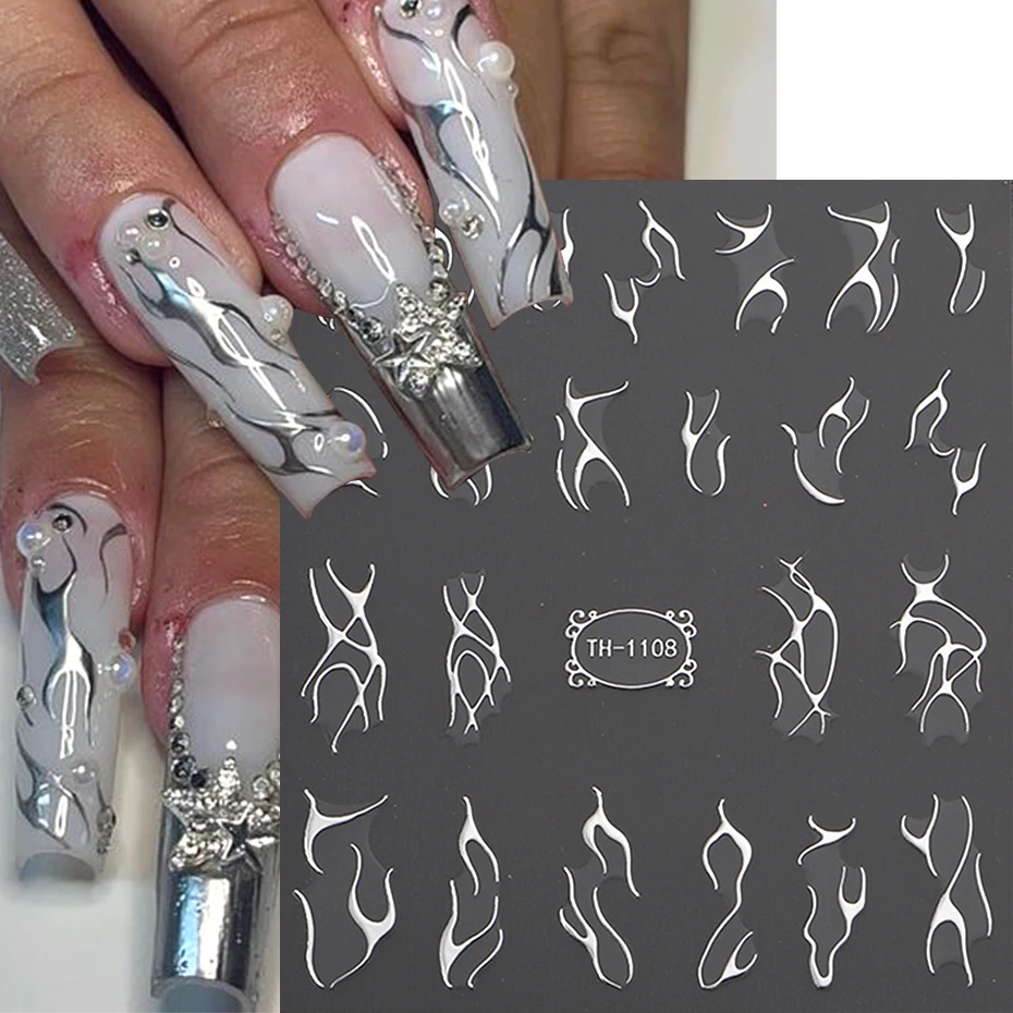 3D Metalic Line Nail Stickers Sliver Thorns Vine Curve Stripe Lines Tape Swirl Sliders Manicure Adhesive Nail Art Decals 2