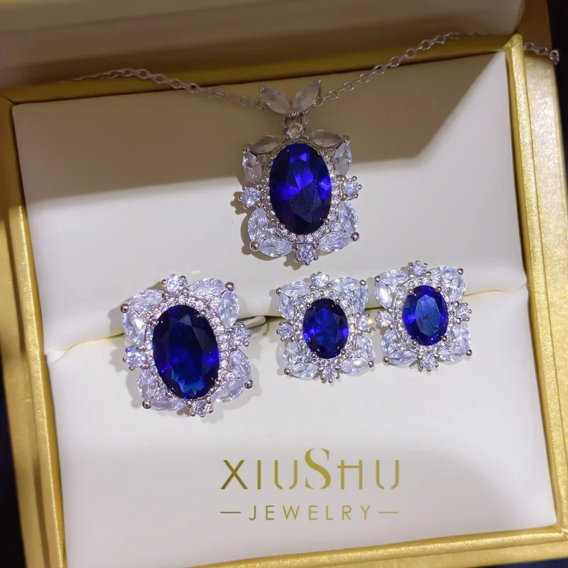 

Fashionable and Elegant Royal Sapphire Set Design 925 Silver Noble Necklace Pendant Engagement Jewelry