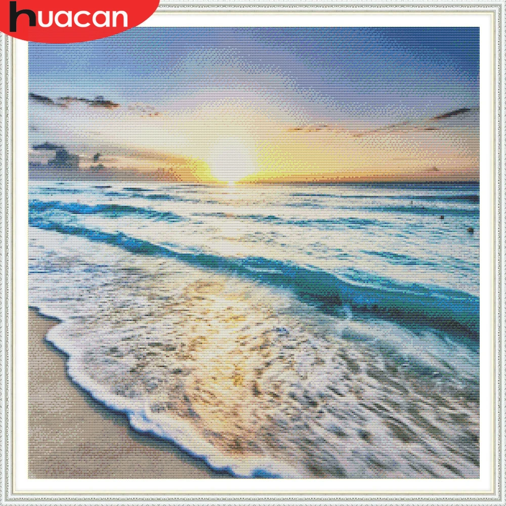 HUACAN Cross Stitch Scenery Seaside Kits DIY Embroidery Beach Sunset Gift Home Decoration White Canvas Handmade Needlework 14CT